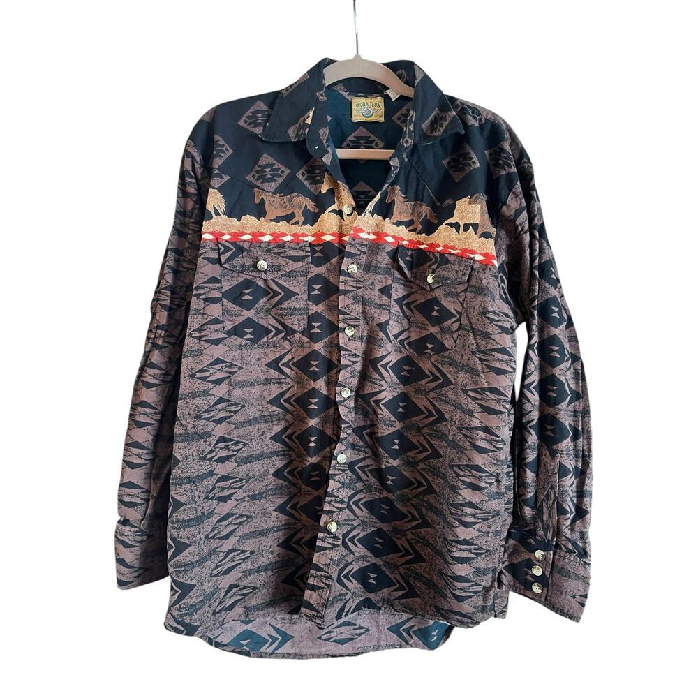 VINTAGE Moda Tech Western Shirt Mens XL Aztec Southwestern Horses Rodeo - Picture 1 of 7